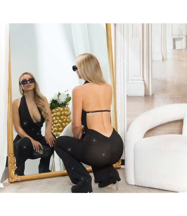 Sexy glitter jumpsuit met open rug en waterval nek - zwart