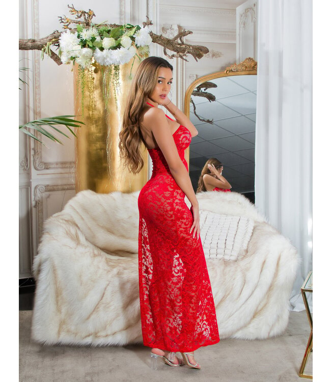 Sexy kanten cover up jurkje met cut out en slip - rood