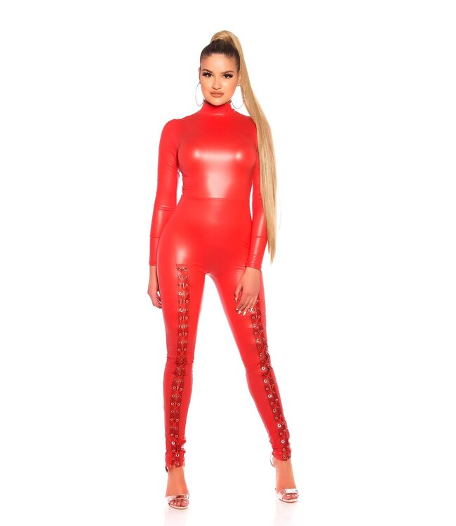Luxe sexy leatherlook catsuit met veters - rood