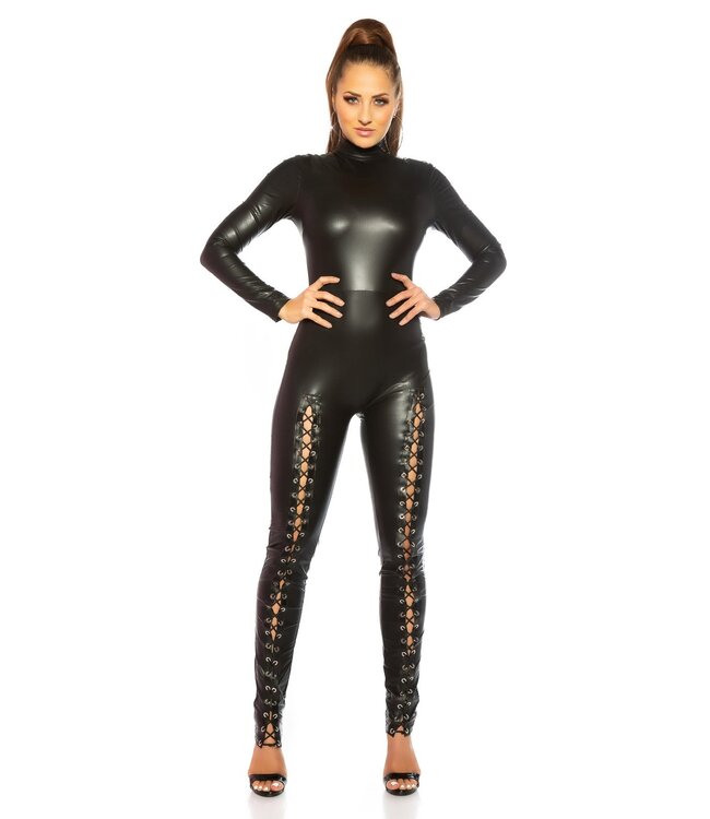 Luxe sexy leatherlook catsuit met veters - zwart