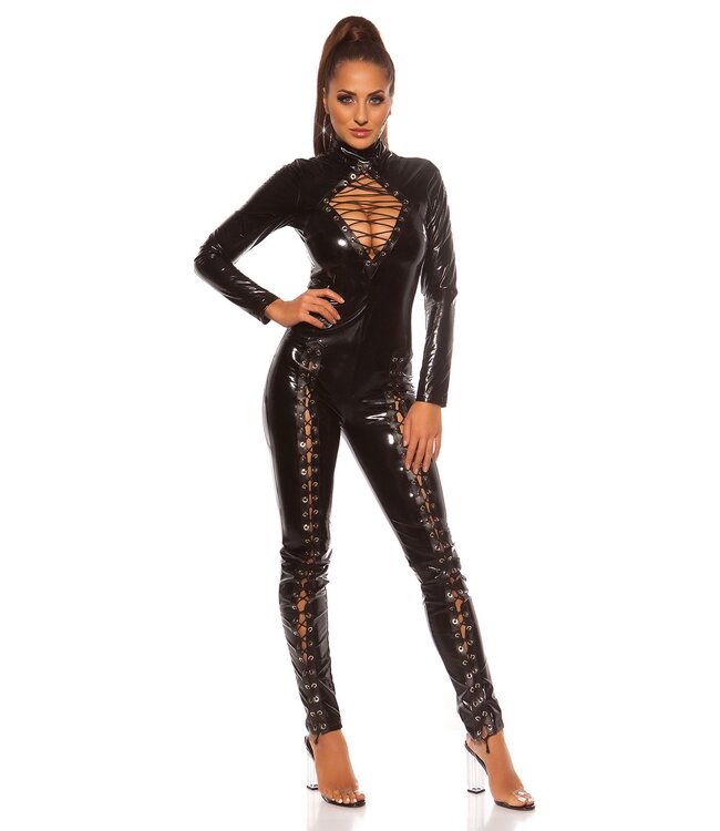 Super hot! Luxe laklook catsuit met veters en cut out - zwart