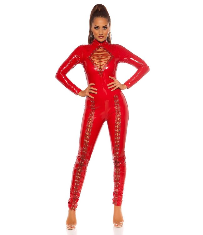 Super hot! Luxe laklook catsuit met veters en cut out - rood