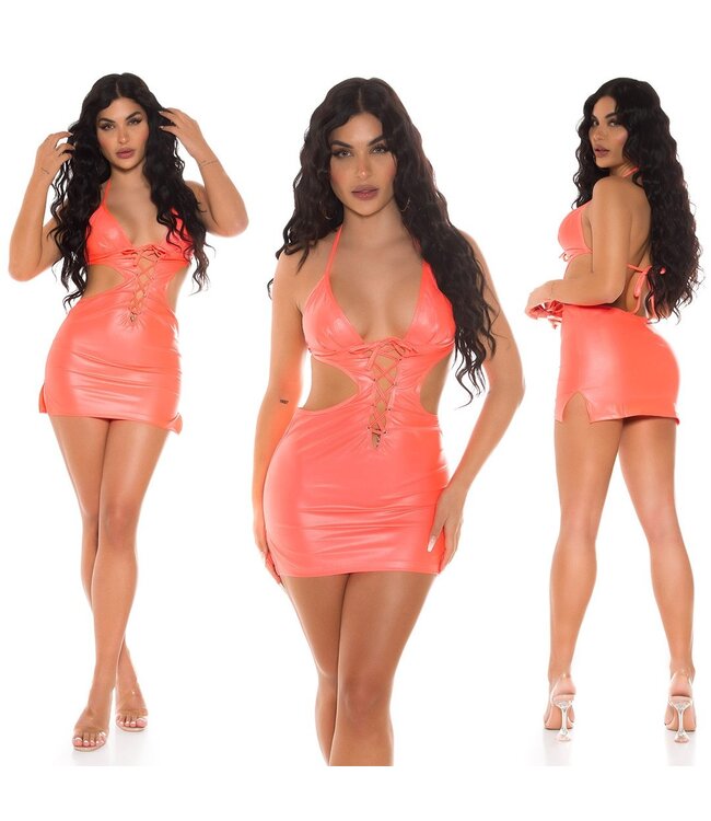 Sexy wetlook mini-jurkje met veters en cut out - neoncorall