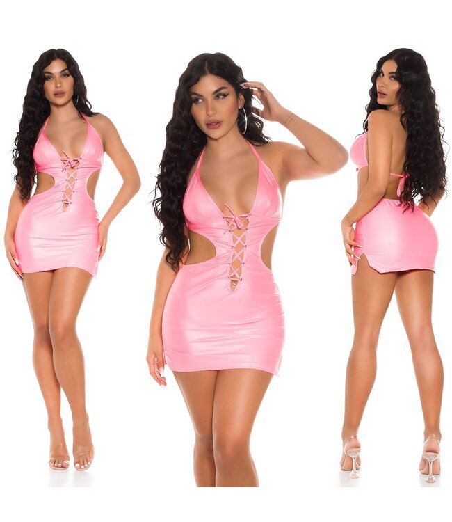 Sexy wetlook mini-jurkje met veters en cut out - roze