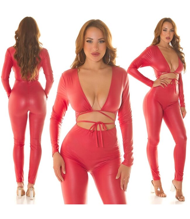 Sexy wetlook  jumpsuit met cut out - rood