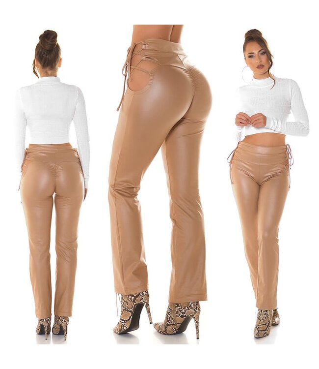 Sexy wetlook flarred pants met hoge taille - beige