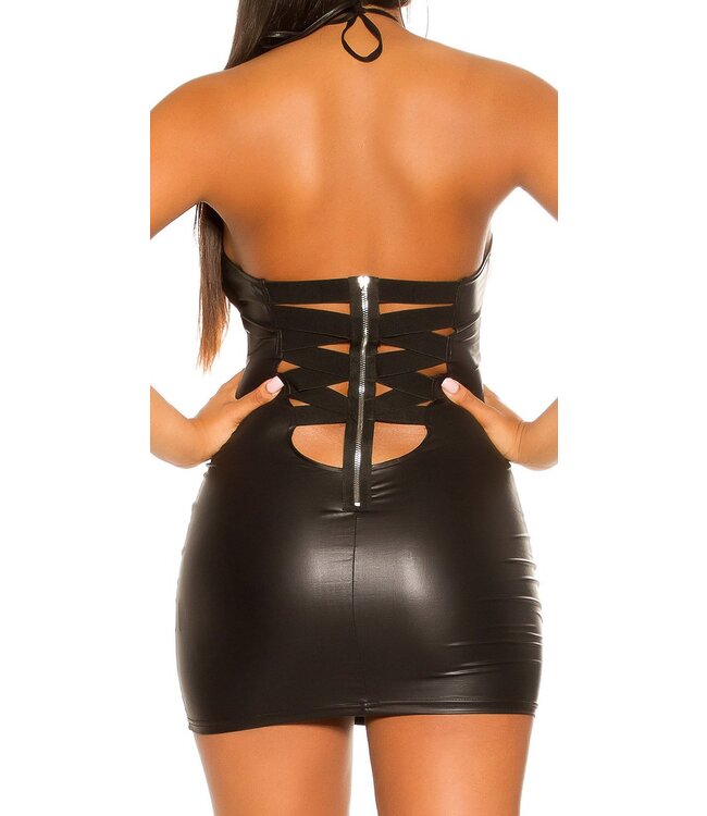 Sexy wetlook mini-jurkje met rits - zwart