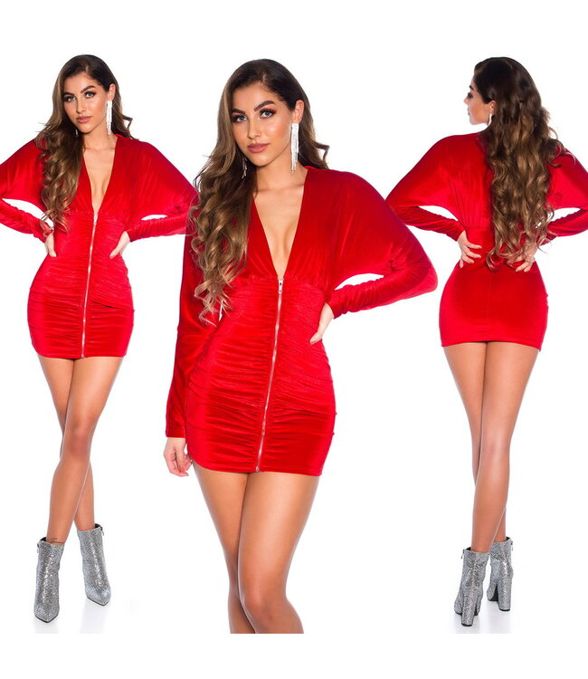 Sexy velvet mini-jurkje met rits -rood