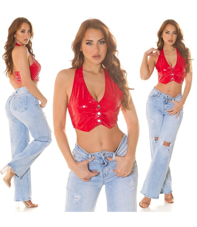 Sexy laklook topje met button - rood