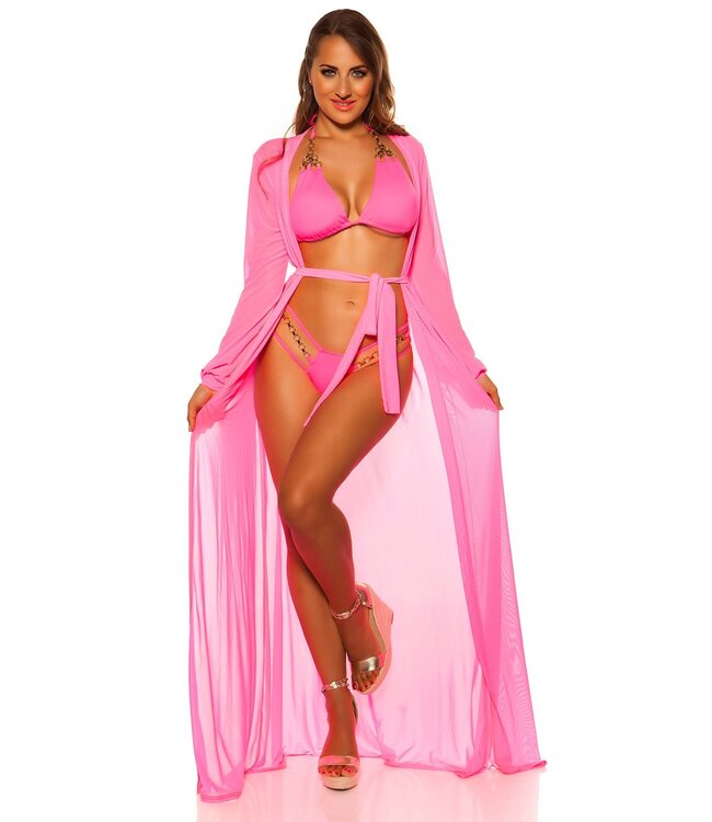 Sexy bikini setje met gouden ketting - neonpink