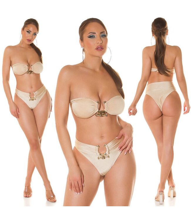 Sexy shimmer bikini setje met gouden decoratie - beige