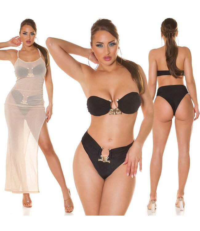 Sexy shimmer bikini setje met gouden decoratie - zwart