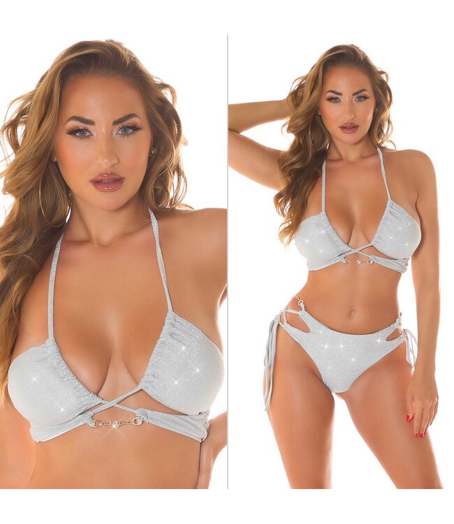 MIX! Sexy glitter bikini topje met decoratie - zilver