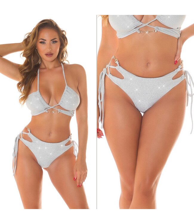 MIX! Sexy glitter bikini broekje met decoratie - zilver