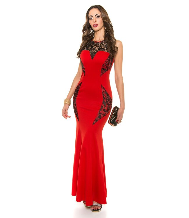 ClassyWear Luxe evening lang jurk met kant - rood