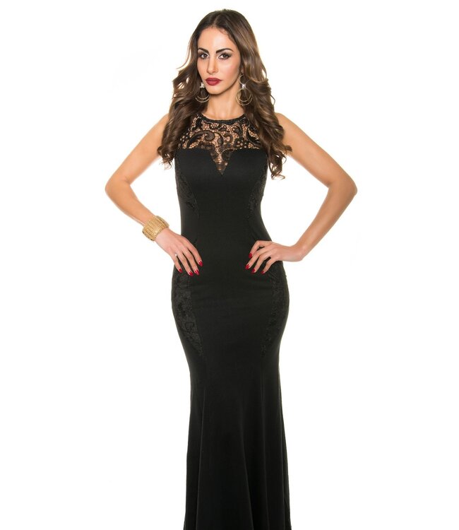 Luxe evening lang jurk met kant - zwart