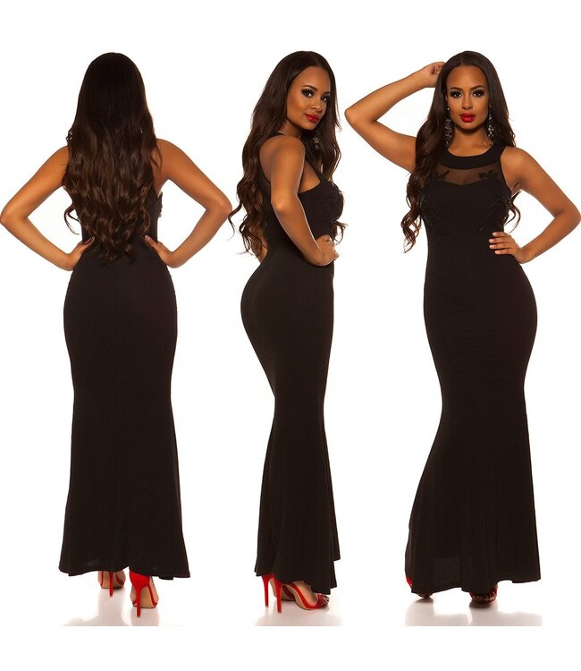 Luxe sexy evening  jurk met mesh - zwart