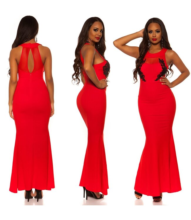 Luxe sexy evening  jurk met mesh -rood
