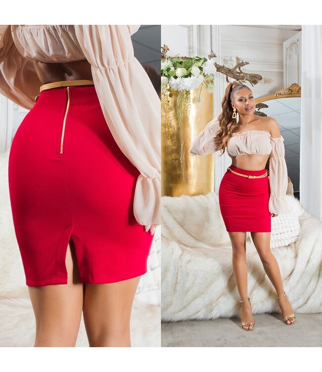 Sexy hoge taille rokje met riem en rits - rood