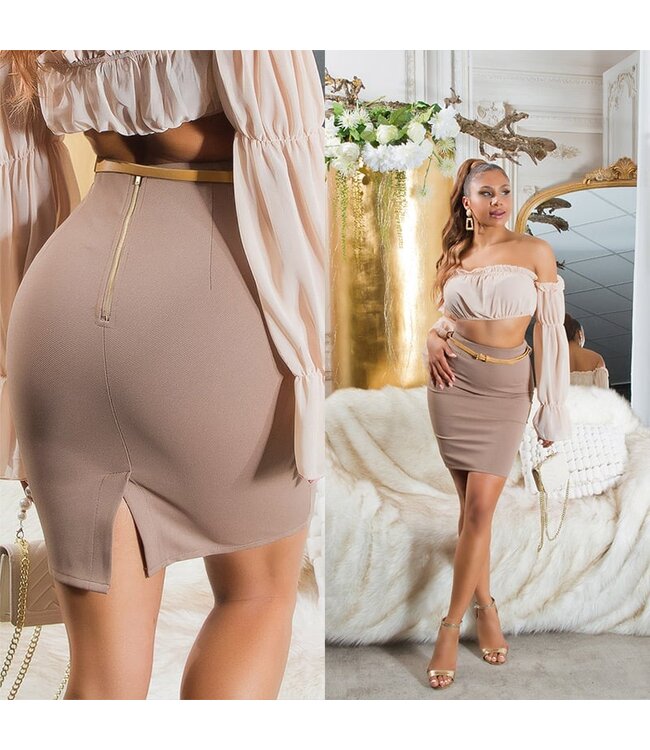 Sexy hoge taille rokje met riem en rits - café