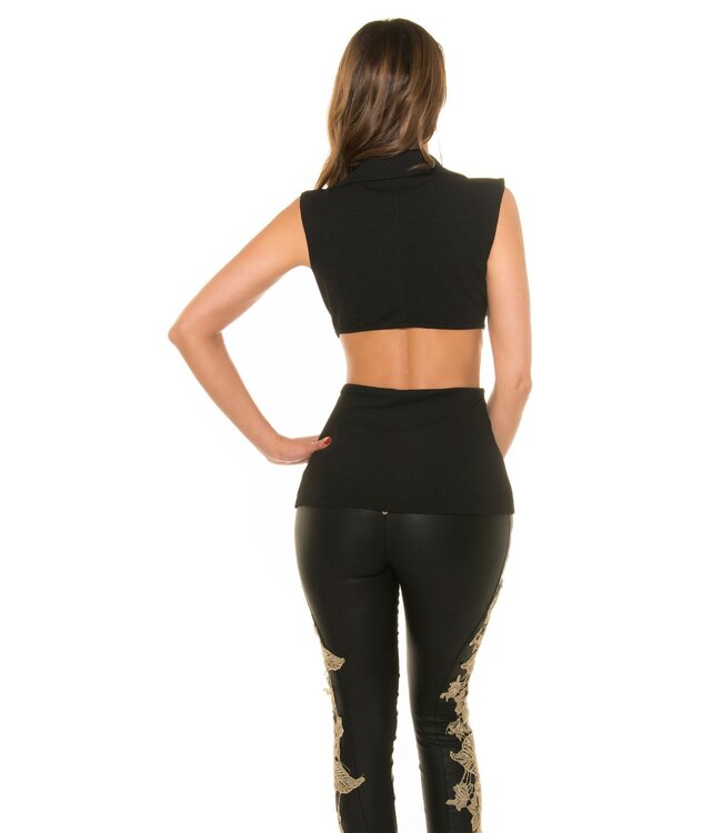 Sexy cut-out blazer met open rug en rits -zwart