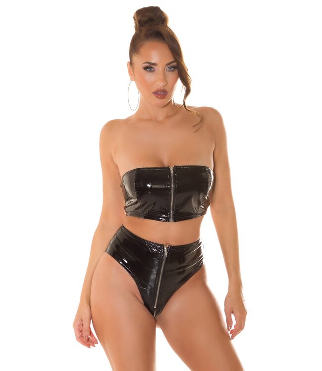 Sexy laklook bandeau topje met rits - zwart