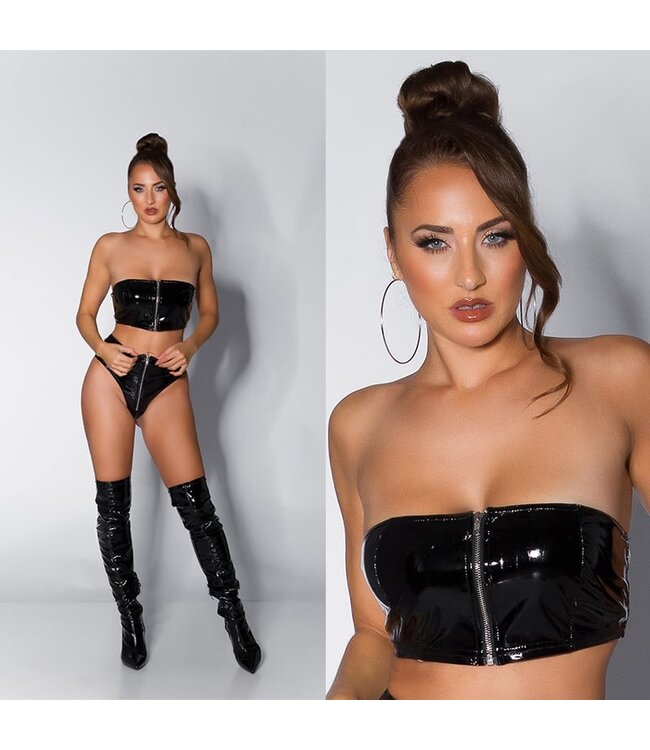Sexy laklook bandeau topje met rits - zwart