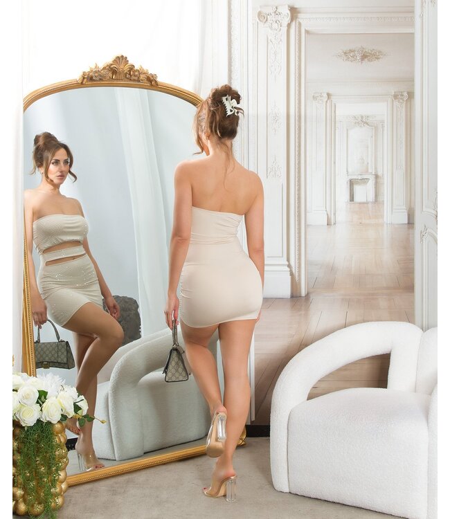 Sexy glitter bandeau jurkje met cut outs - beige