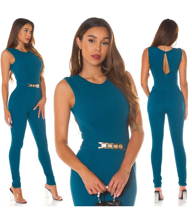 Sexy jumpsuit met gold buckle en rits achterkant - petrol