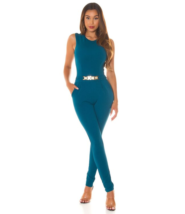 Sexy jumpsuit met gold buckle en rits achterkant - petrol