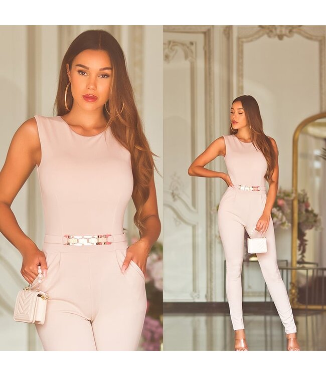 Sexy jumpsuit met gold buckle en rits achterkant -beige