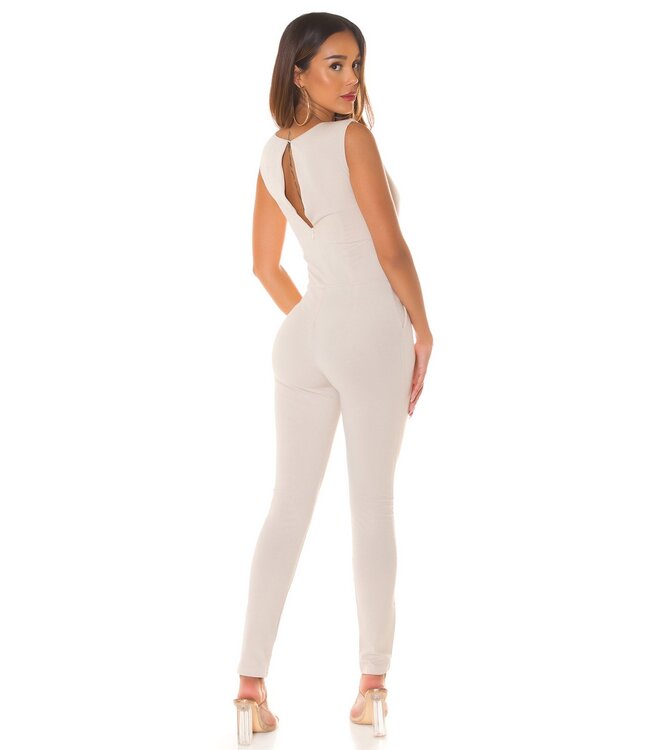 Sexy jumpsuit met gold buckle en rits achterkant -beige