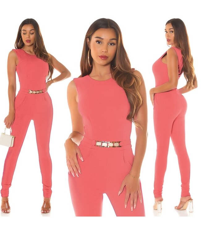 Sexy jumpsuit met gold buckle en rits achterkant -koraal