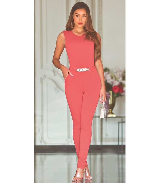 Sexy jumpsuit met gold buckle en rits achterkant -koraal