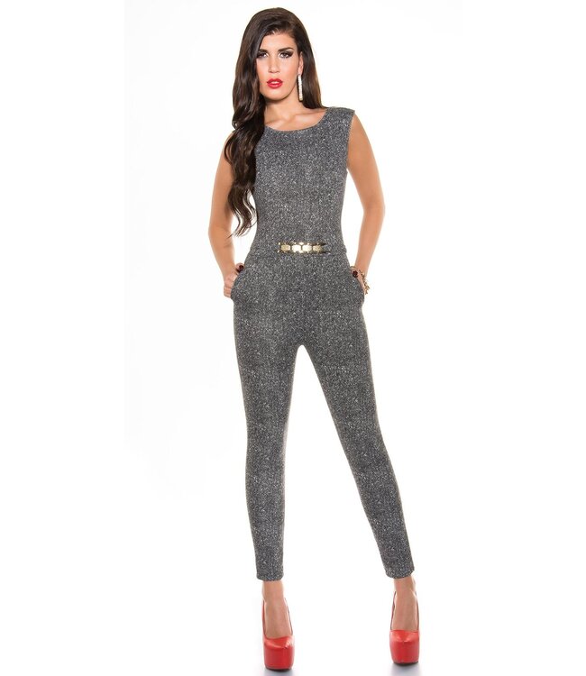 Elegante jumpsuit met gold buckle - grijs