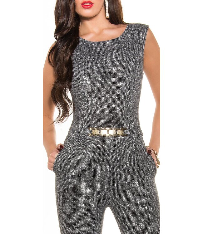 Elegante jumpsuit met gold buckle - grijs