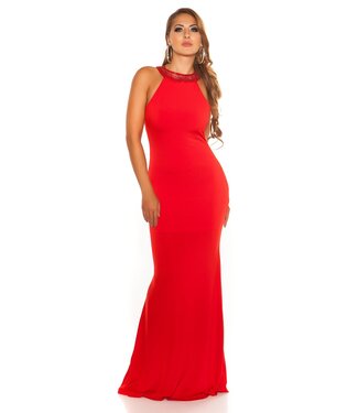 ClassyWear Luxe gala lang jurk met open rug en pailletten - rood