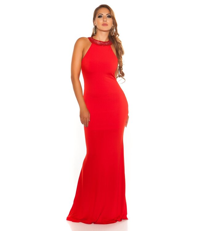 ClassyWear Luxe gala lang jurk met open rug en pailletten - rood