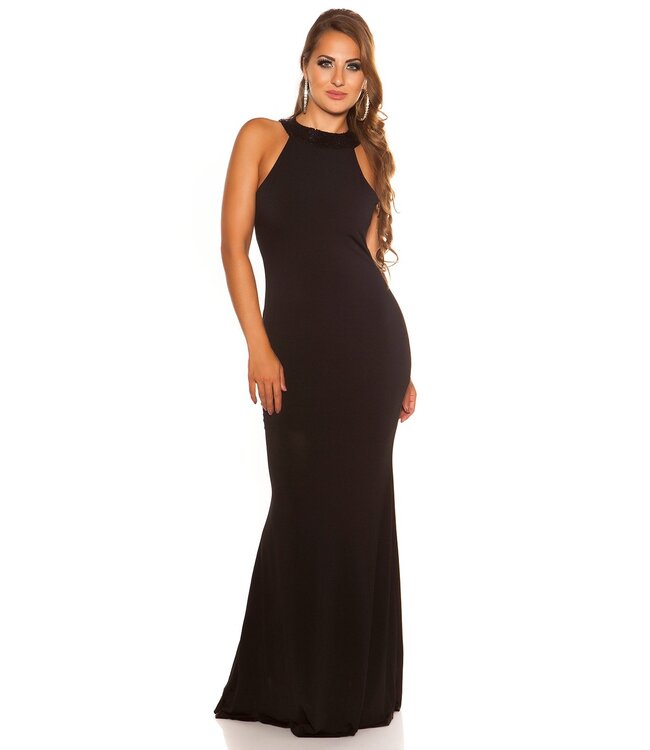 ClassyWear Luxe gala lang jurk met open rug en pailletten - zwart