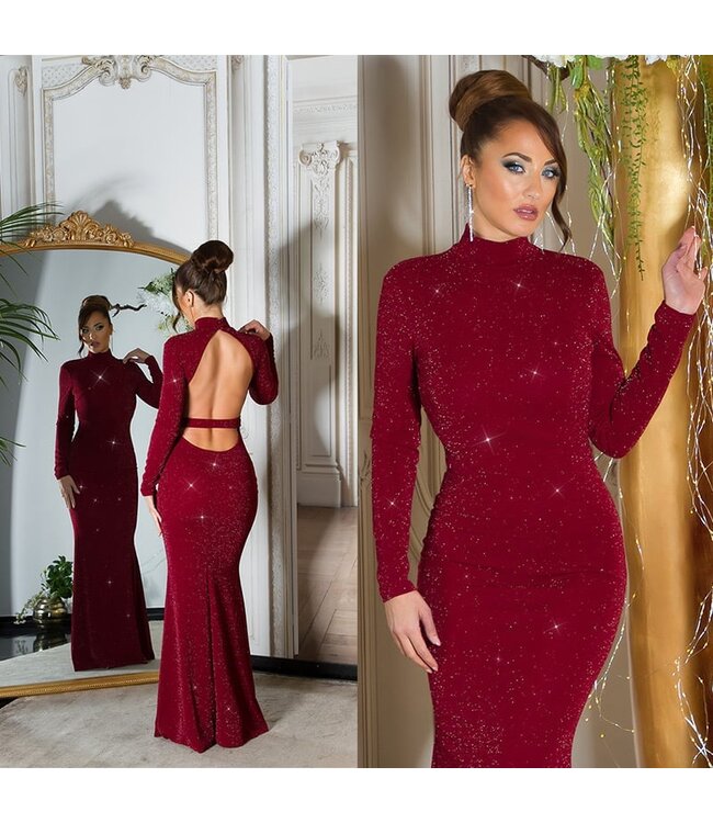 Luxe shimmer gala jurk met lang mouwen en open rug - wijn