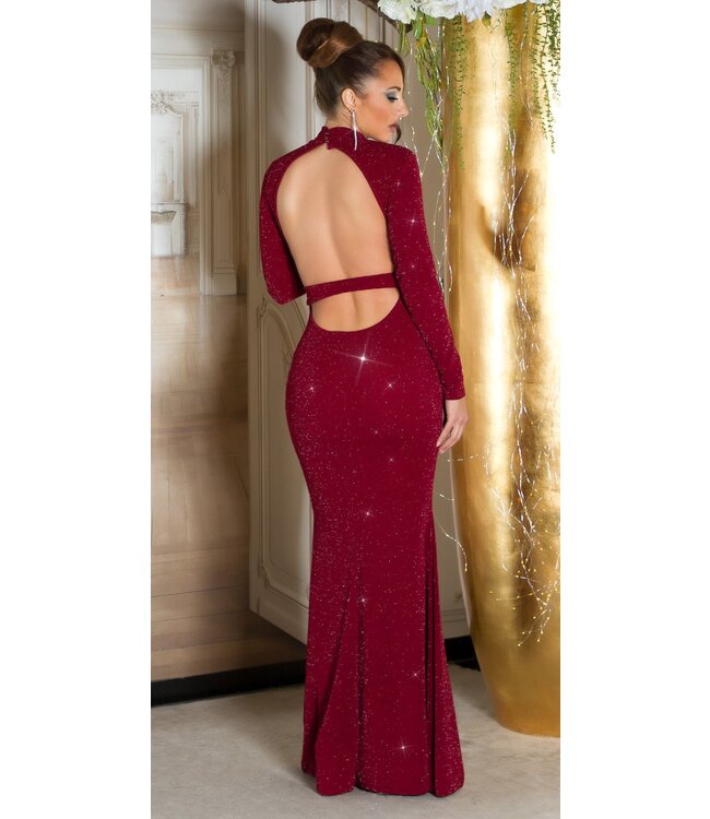 Luxe shimmer gala jurk met lang mouwen en open rug - wijn