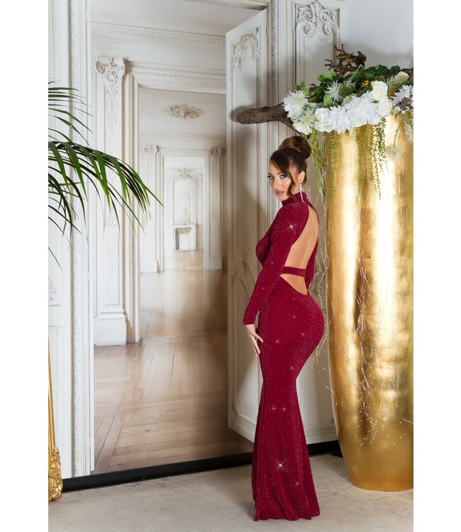 Luxe shimmer gala jurk met lang mouwen en open rug - wijn