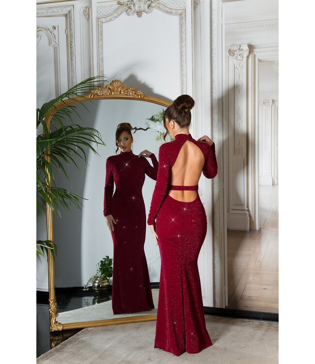 Luxe shimmer gala jurk met lang mouwen en open rug - wijn