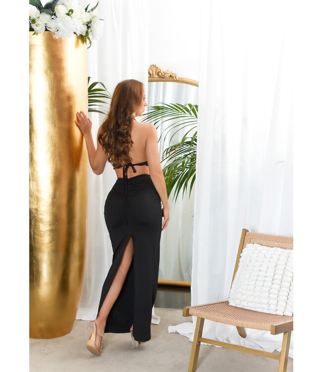 Sexy maxi lang rokje met ring en rits - zwart