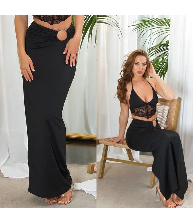 Sexy maxi lang rokje met ring en rits - zwart
