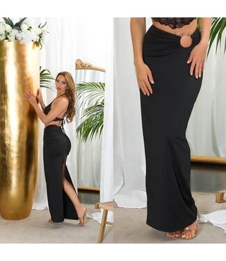 ClassyWear Sexy maxi lang rokje met ring en rits - zwart