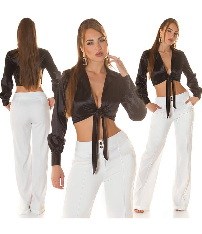 Sexy satijnen blouse top to tie - zwart
