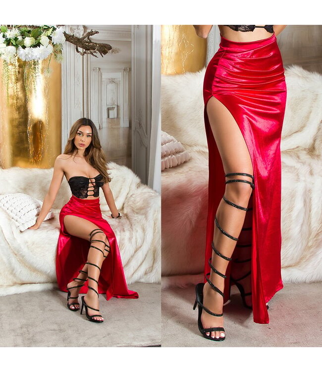 Sexy satijnen maxi lang rokje met split - rood
