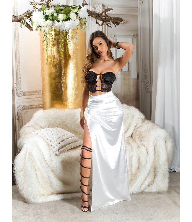 Sexy satijnen maxi lang rokje met split - wit