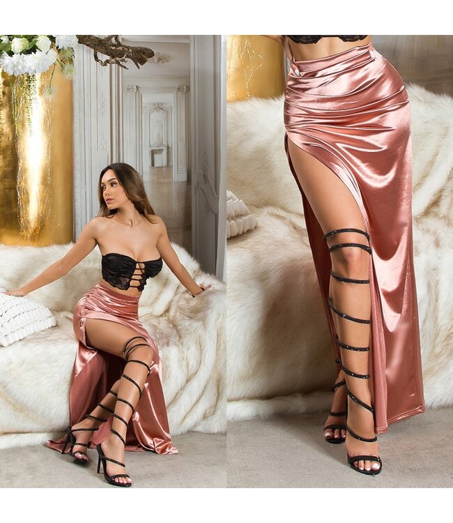ClassyWear Sexy satijnen maxi lang rokje met split - champagne